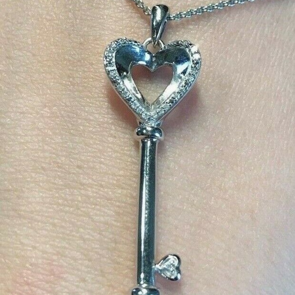 Natural Diamond Heart Key 925 Silver Necklace